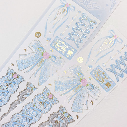 [Pearly Button] Lace Rose Ribbon Blue Sticker Sheet