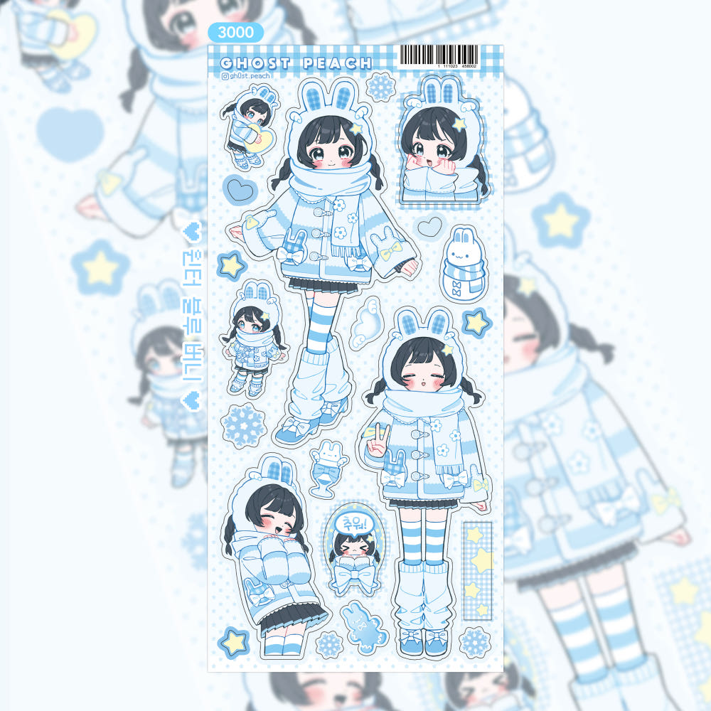 [Ghost Peach] Winter Blue Bunny Sticker Sheet