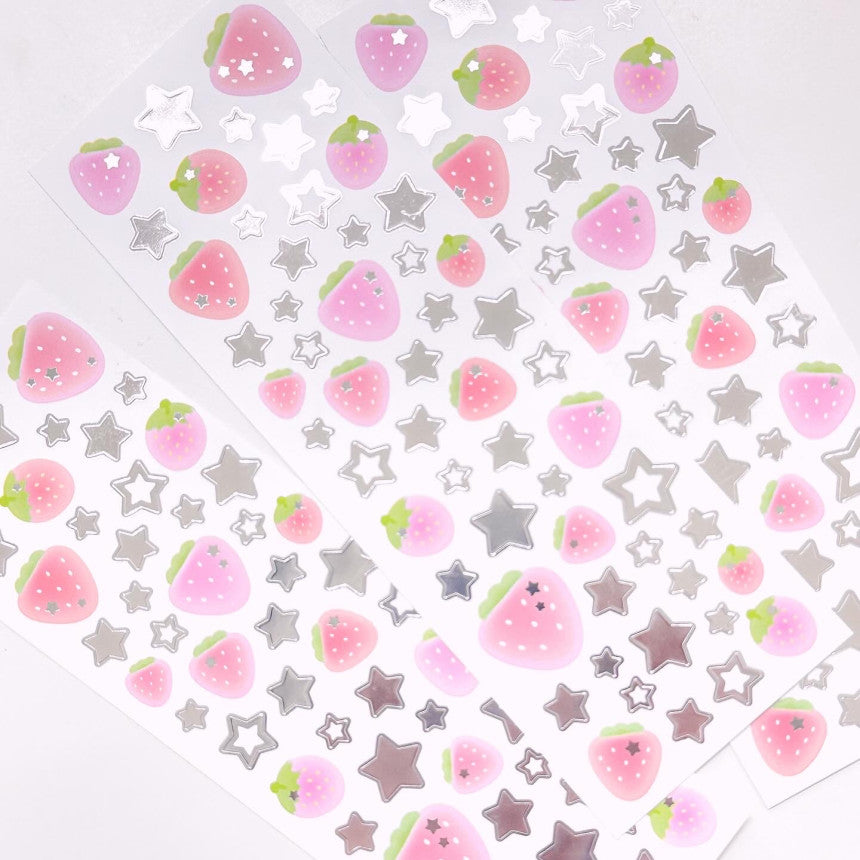 [Pearly Button] Strawberry Silver Star Deco Sticker Sheet