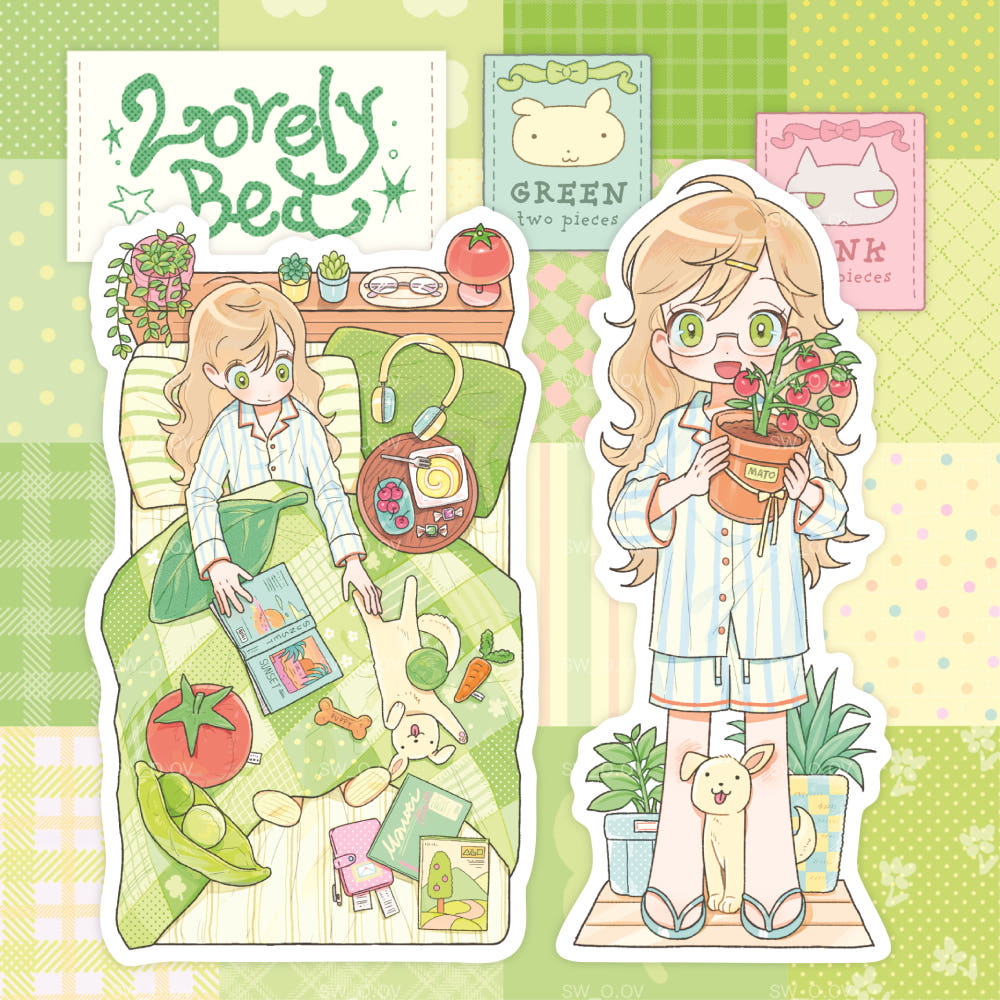 [Sw_o.ov] Green Lovely Bed Die Cut Sticker Set