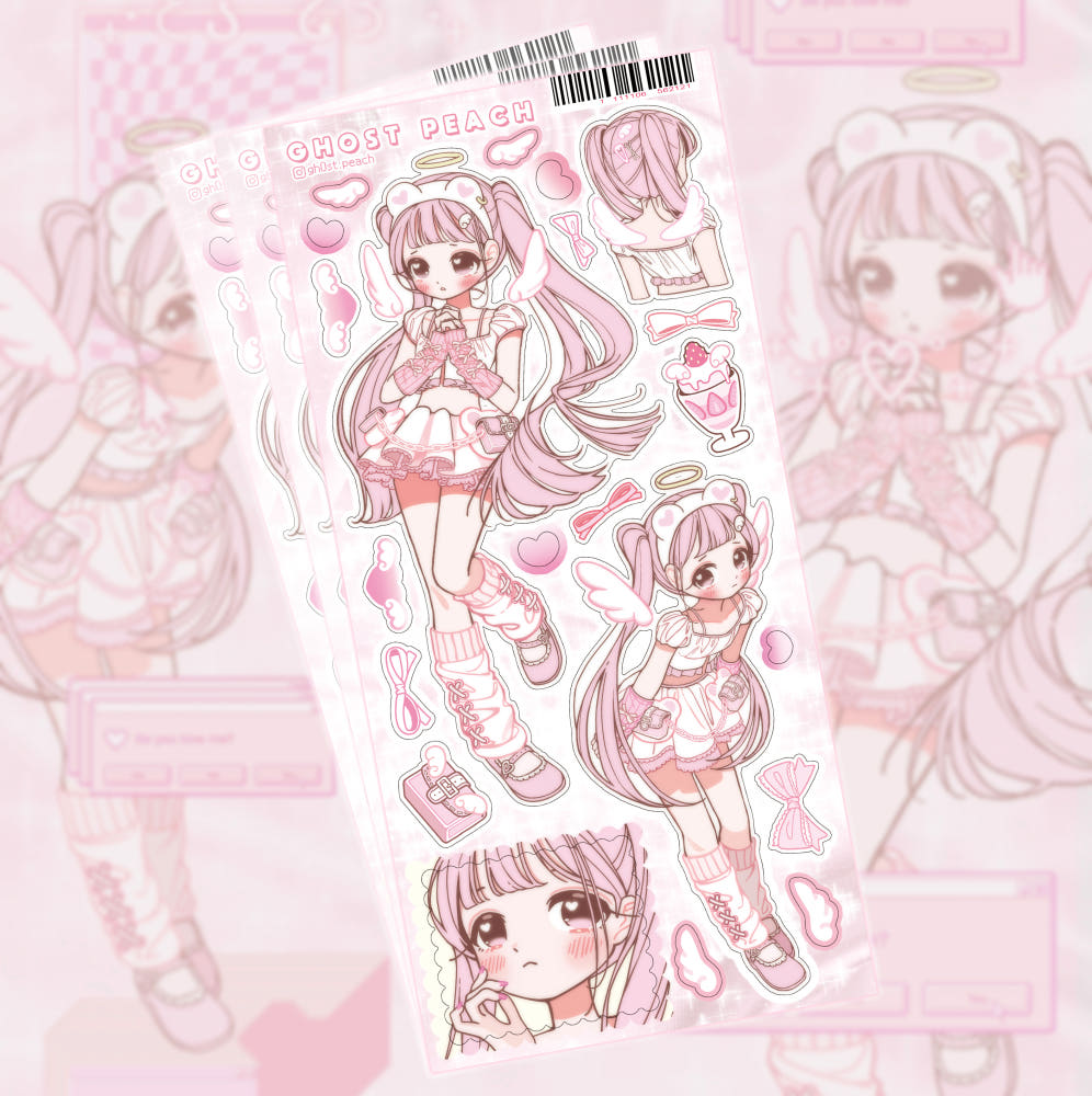 [Ghost Peach] Pink Bear Angel Sticker Sheet