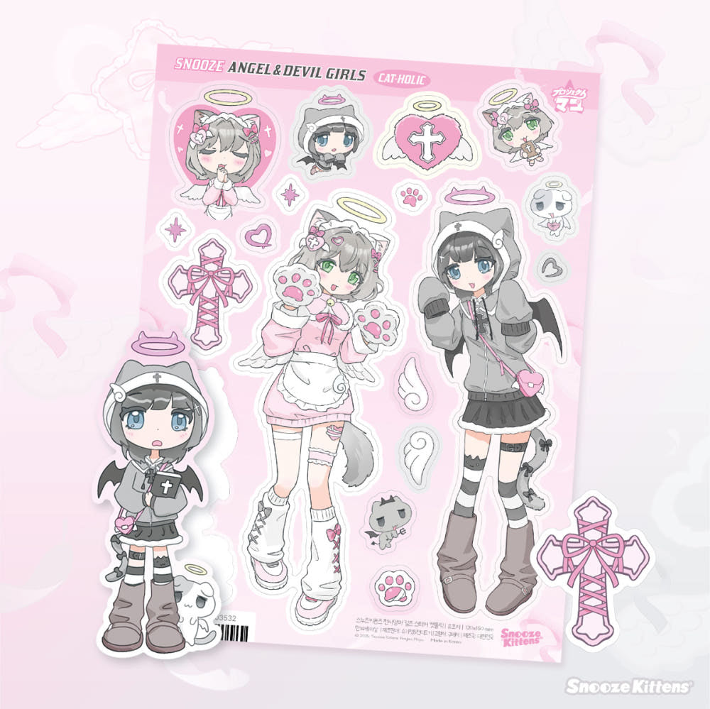 [Snooze Kittens] Angel & Devil Girls Sticker Sheet (Cat-holic Ver.)