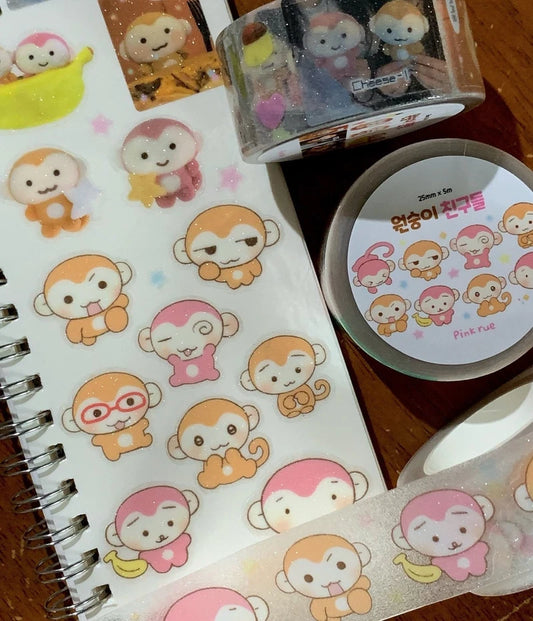 [Pink Rue] Monkey Friends Glitter Kiss Cut Tape